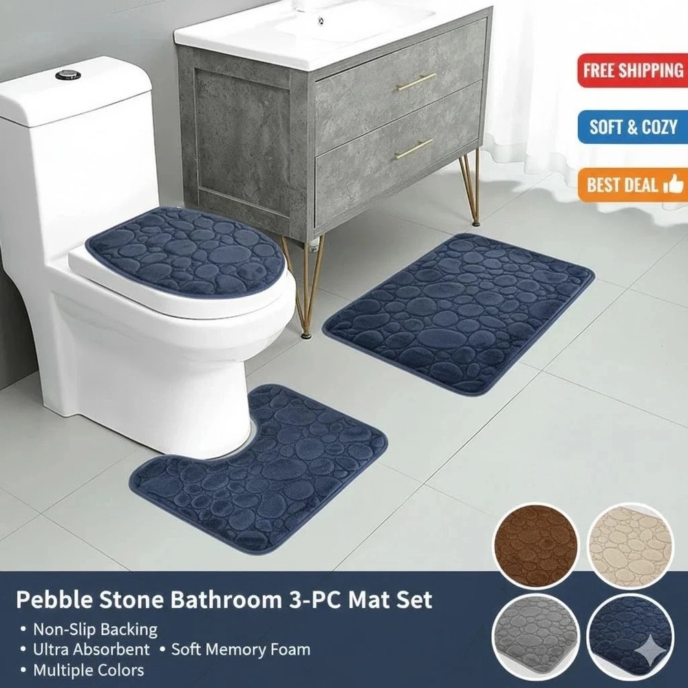 3 Piece Non Slip Memory Foam Bathroom Mat Set | Pebble Stone Bath Rugs US