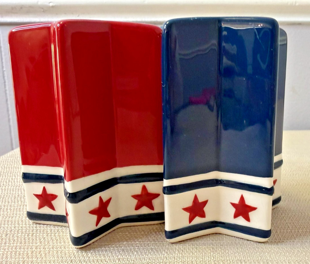 Patriotic Star Salt & Pepper Shakers Red White Blue Ceramic Set