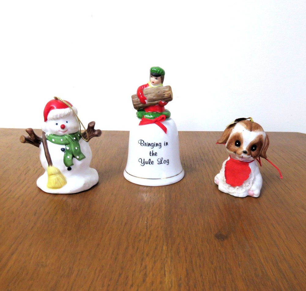 Lot of 3 Vintage Christmas Bells Hand Painted Porcelain, 2 are Ornaments