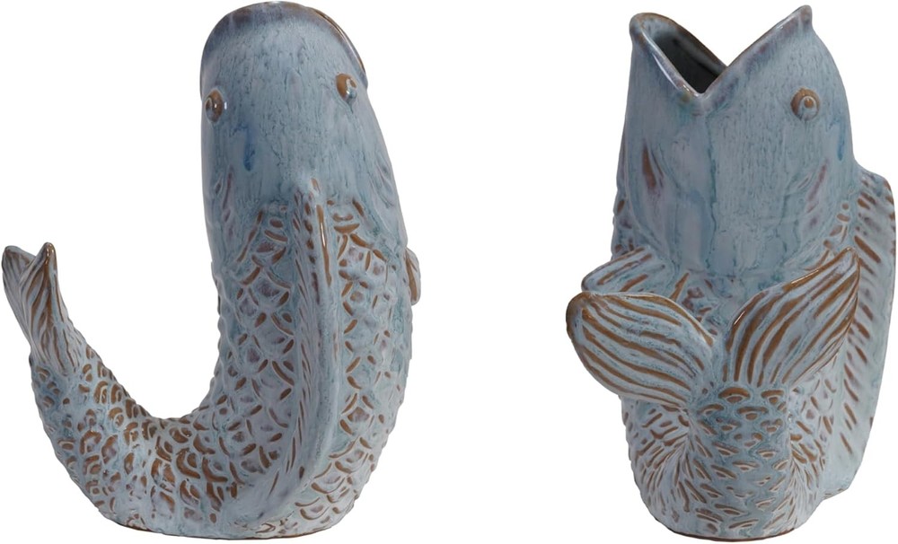 Stoneware Fish Shaped Vase with Reactive Glaze, Blue