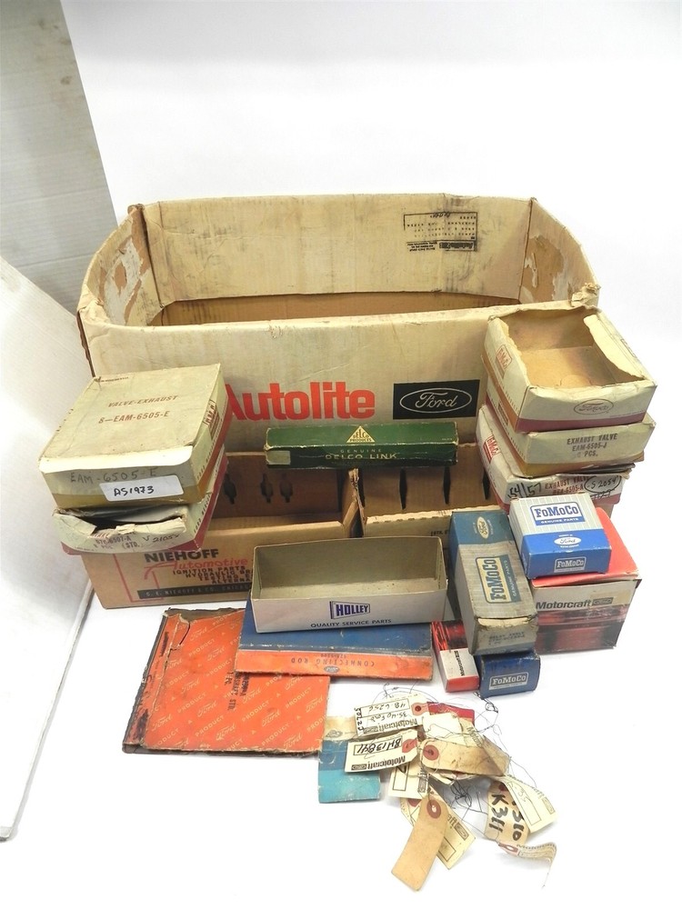HUGE VINTAGE USED BOX AND TAG LOT AUTOLITE FORD FOMOCO MOTOCRAFT NIEHOFF DELCO