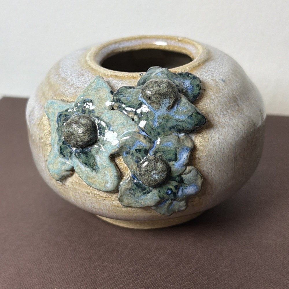 Handmade Studio Art Pottery Squat Vase Sculpted Applied Flowers Wabi Sabi Vessel