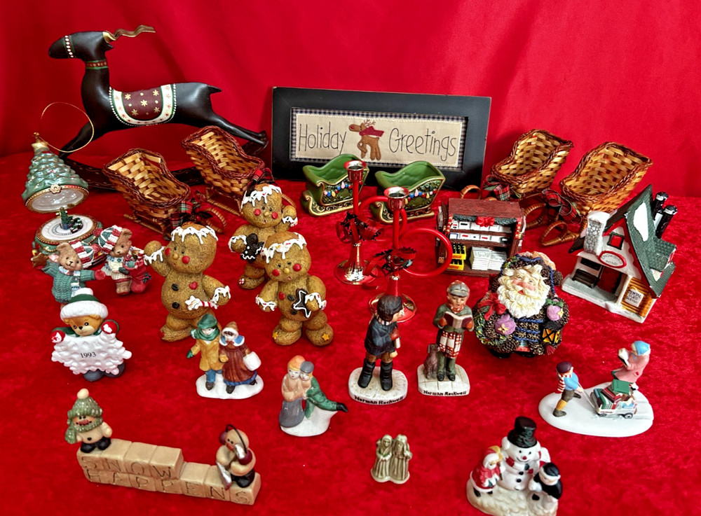 Lot of 25+ Vintage Christmas Decor Items Figurines Candle Holders Music Box etc