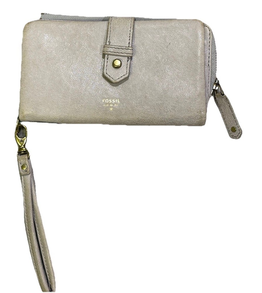 Fossil Tab Clutch Wallet Champagne Metallic Leather Gray