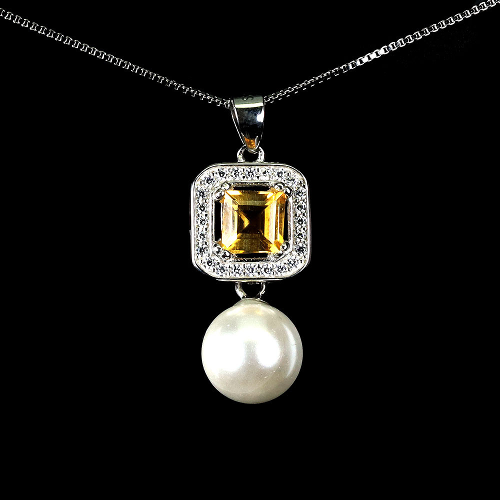 925 Sterling Silver Necklace Square Citrine 5mm Mop Gemstone Jewelry 18 Inches
