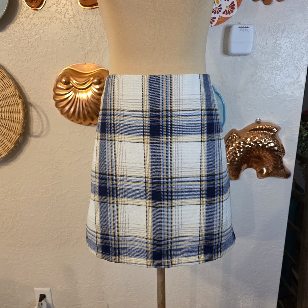 Blue Rain By Francesca's Women's Mini Skirt Plaid Blue Tan Cream Multi Small