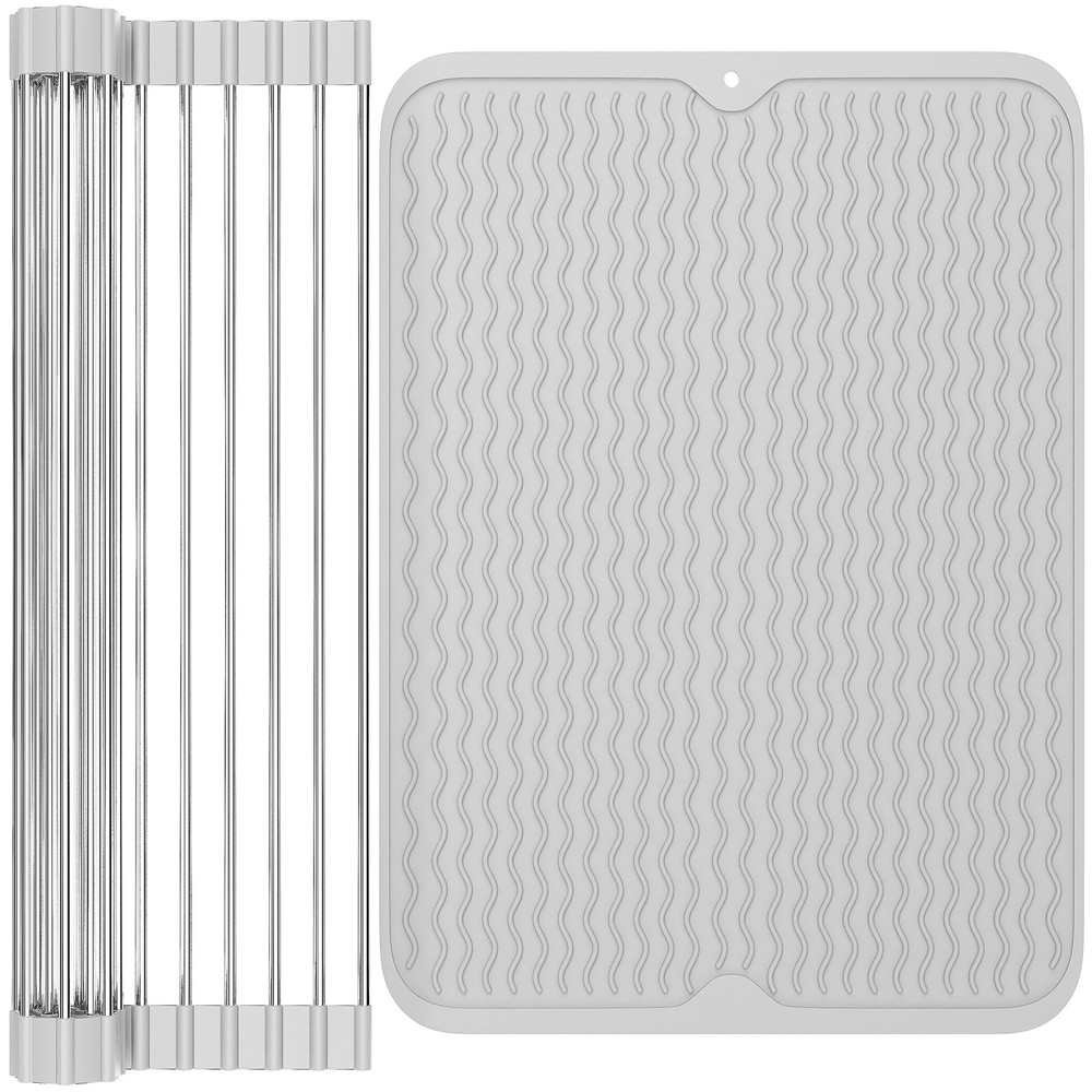 Silicone Dish Drying Mat and Roll Up Over The Sink Dish Drying Rack Combinati...