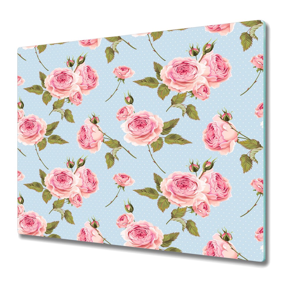 Serving Chopping Board Glass Cover English roses pink and green photo 60x52