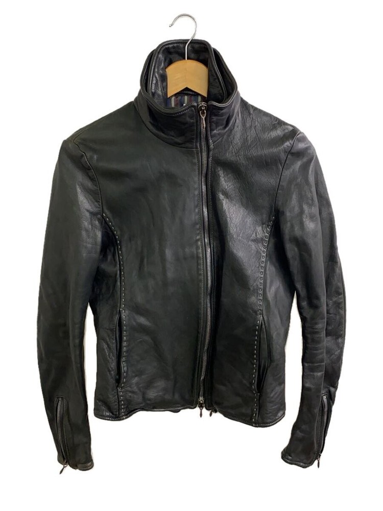 Men's Black Cowhide Plain Leather Blouson Jacket 957312 447