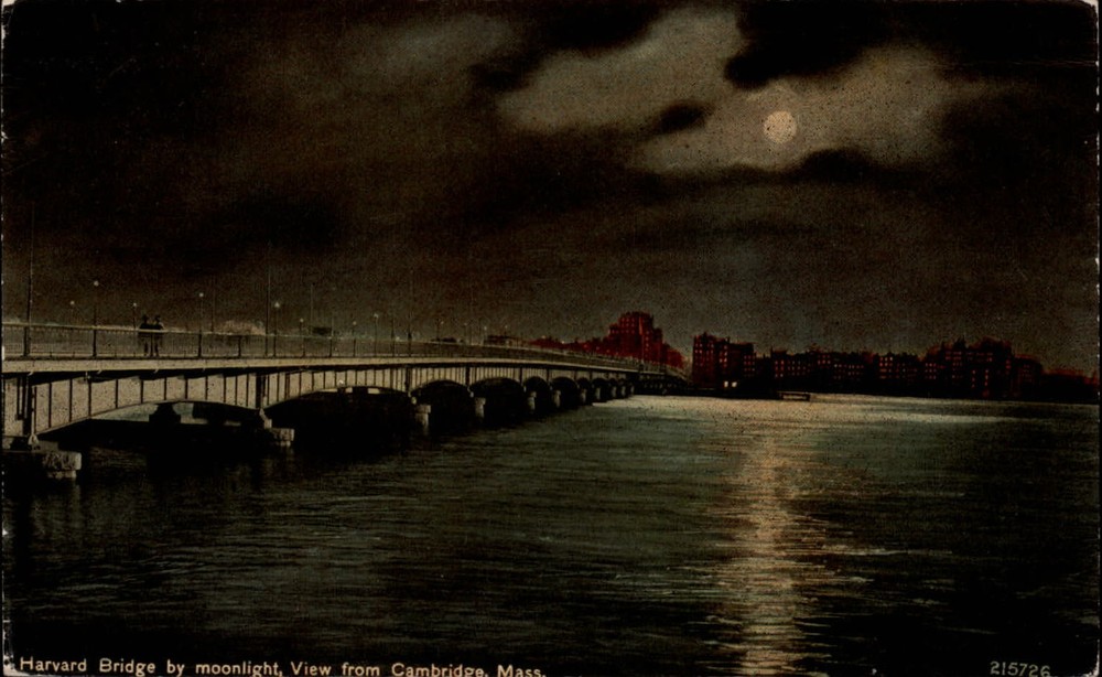 Harvard Bridge Cambridge Massachusetts night view full moon ~ c1910 postcard