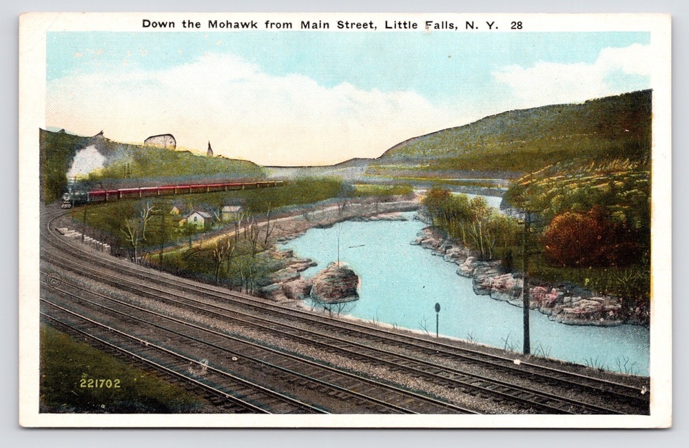 c1920s~Little Falls New York NY~Mohawk Valley River~Train Tracks~VTG RR Postcard