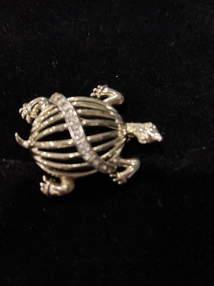 Vintage Signed Marvella Brooch Tortoise Gold tone & Rhinestone