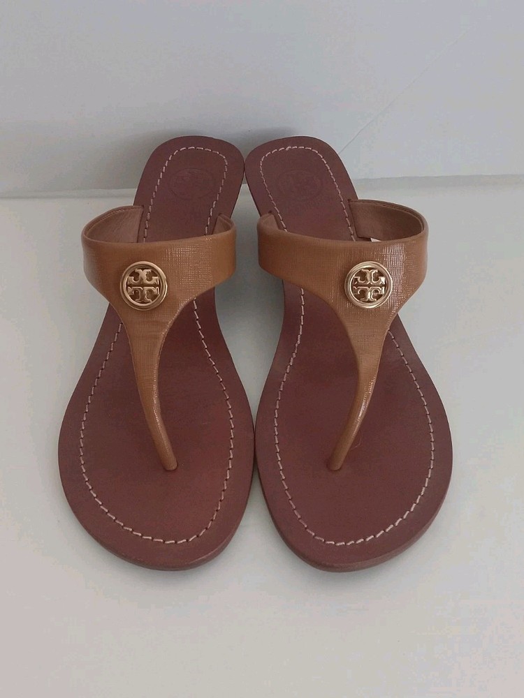 Tory Burch Mini Miller Logo Jelly Thong Wedge Sandal Size 6 Brown Gold Womens EUC
