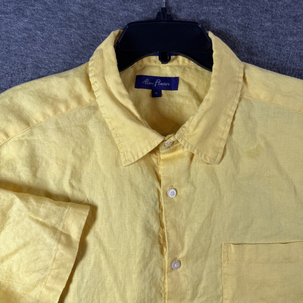 Alan Flusser Button Down Shirt Mens 100% Linen Short Sleeve Yellow XL Excellent
