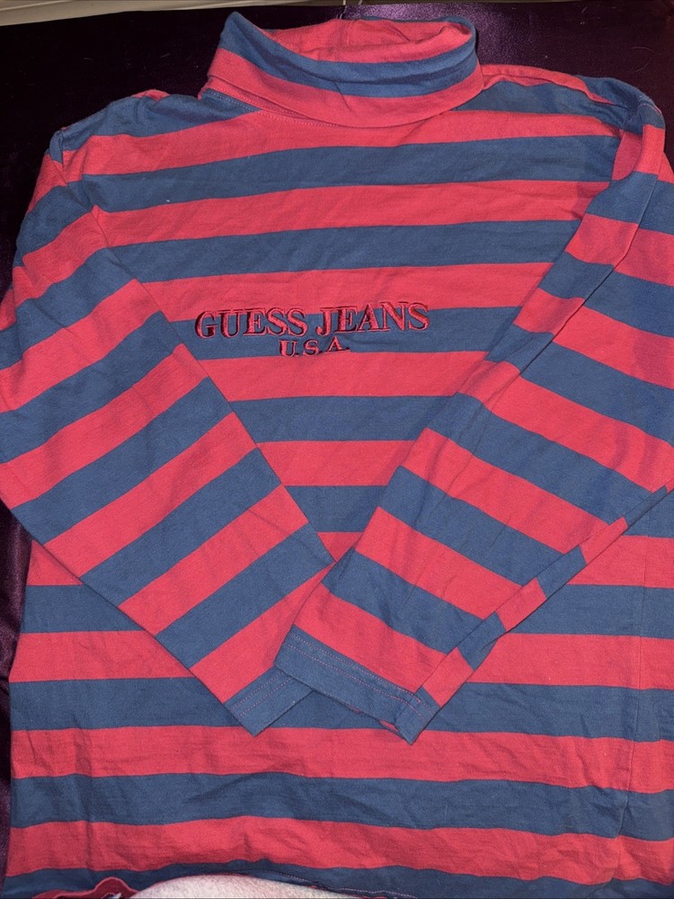 Women’s Vintage Guess Long Sleeve Red And Blue Striped Shirt Size Small