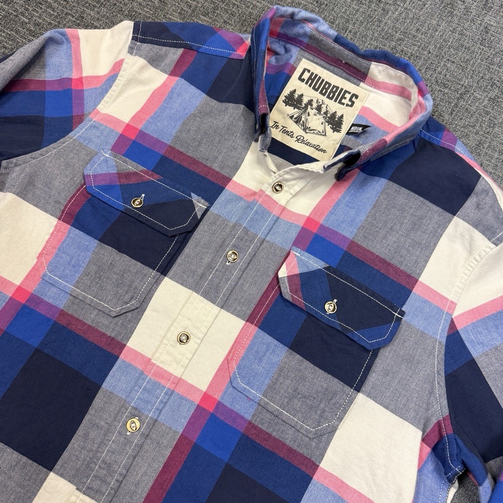 Chubbies Shirt Men’s M In Tents Relaxation Blue Red Plaid Button Up Long Sleeve
