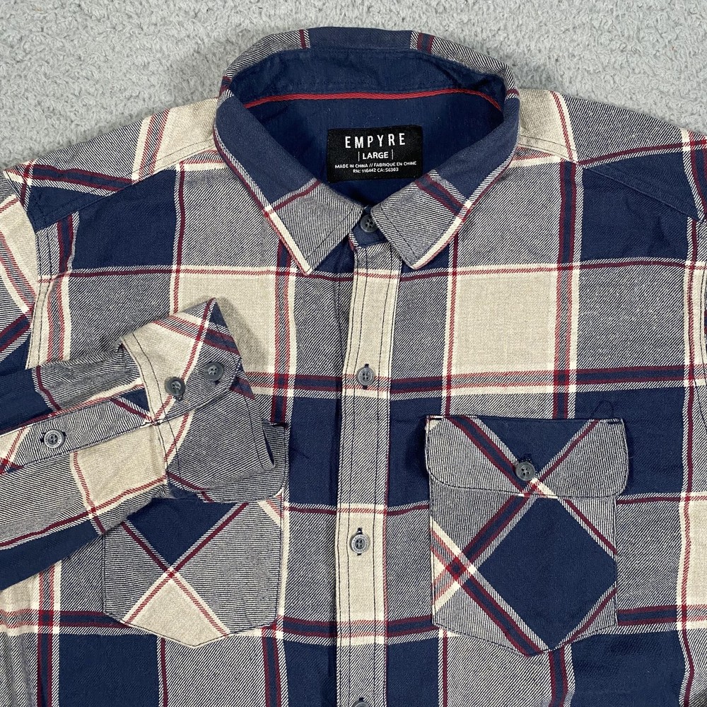 Empyre Shirt Mens Large Blue Plaid Long Sleeve Button Up Flannel Pockets Casual