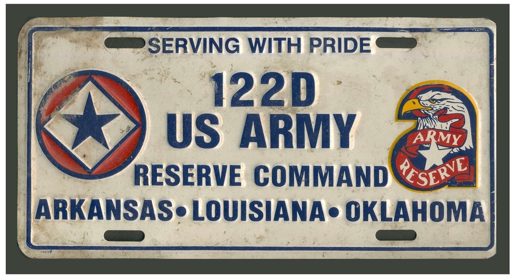 Vintage License Plate 122d US Army Reserve Command - Arkansas - Louisiana - Okla