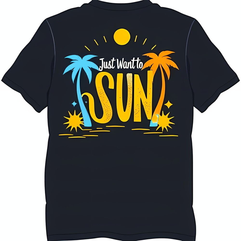 Black T-Shirt with Summer Graphic: 'Just Want to SUN' Design with Trees