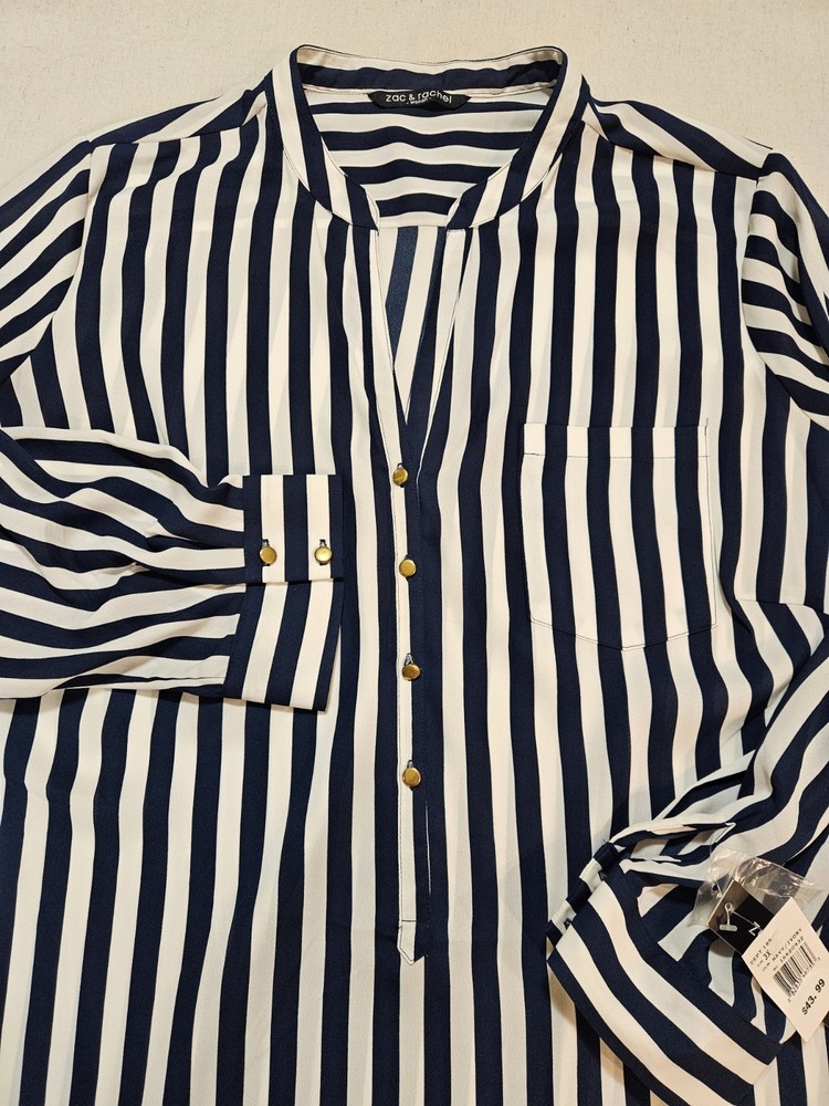 Zac & Rachel Women's Striped Size 3X Navy and White Long Sleeve Top Blouse NWT