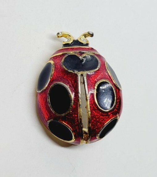 Ladybug Brooch Steinmetz Signed SFJ Red Black Enamel Rhinestones Pin Lapel VTG
