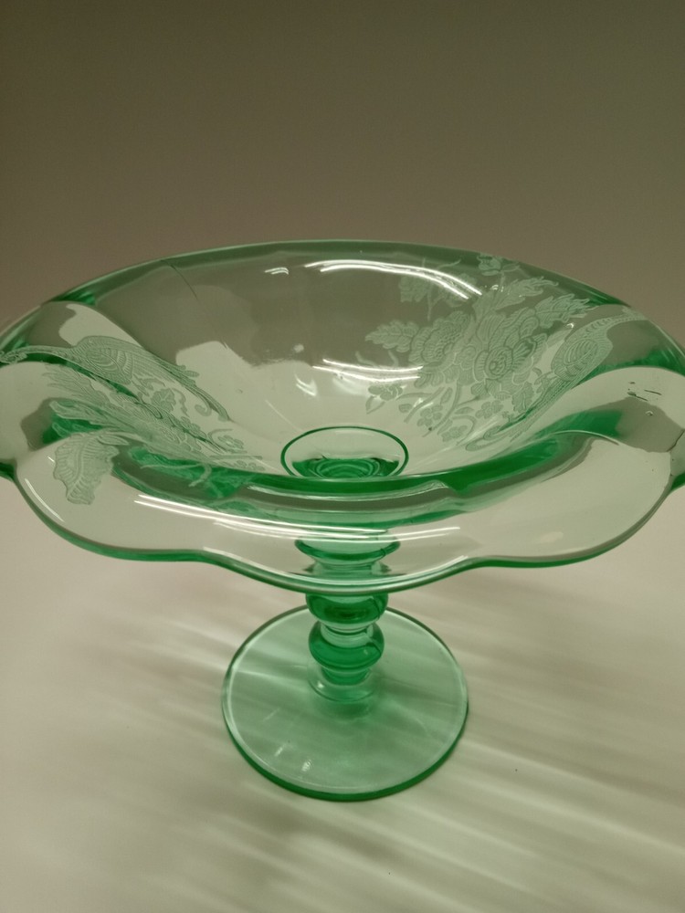 Paden City HTF Peacock & Wild Rose Green Compote 6.25