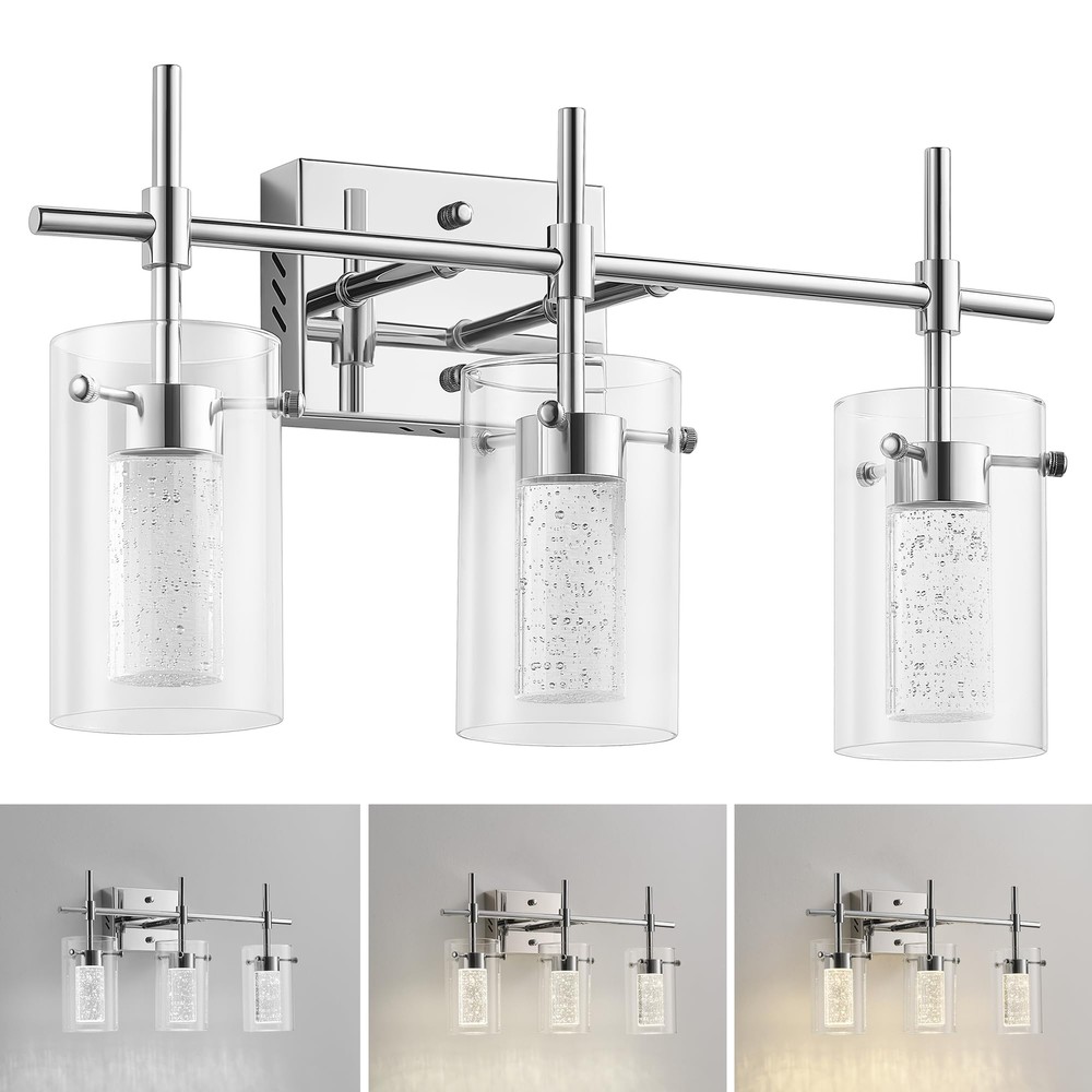 3-Light Bathroom Light Fixtures Over Mirror, Chrome Vanity Light, Crystal LED...