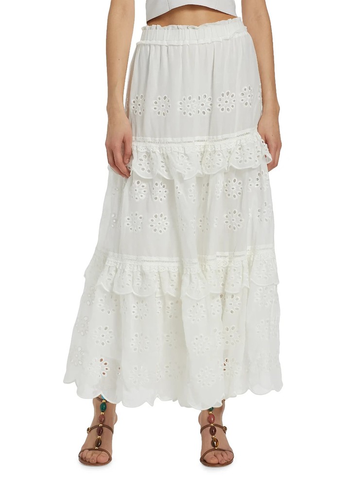 Farm Rio Eyelet Cotton Ruffle White Maxi Skirt Size L