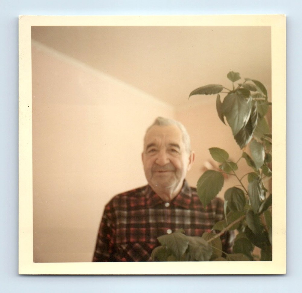 Old Vintage Square Color Photo SOLO OLDER MAN PLAID FLANNEL SHIRT CHRISTMAS