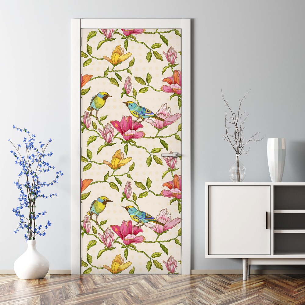Floral and birds Bubble Free Door sticker pink mural Self Adhesive Peel & Stick