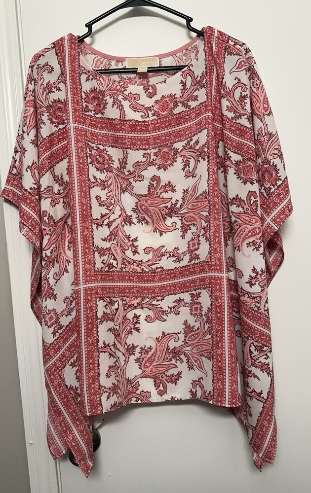 Michael Michael Kors Women’s Red/White Paisley Tunic Blouse S/M Dolman Chiffon