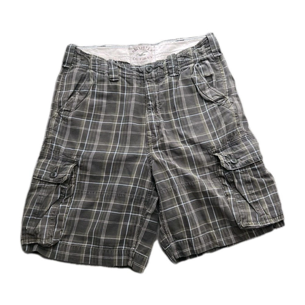 Vtg Hollister California Green Plaid Cargo Loose Heavy Cotton Shorts Mens 34