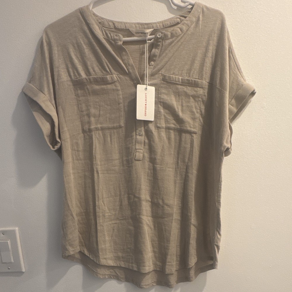 Lucky Brand Womens M Beige Solid Linen Woven Henley Button Short Sleeve Top