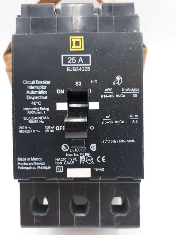 SQUARE D EJB34025 Circuit Breaker 25A 3P 480/277V EJB 65kA 25 Amp 3 Pole New