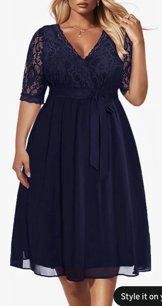 Pinup Fashion Women's Lace Chiffon Wrap V Neck Dress Navy Plus Size 14W