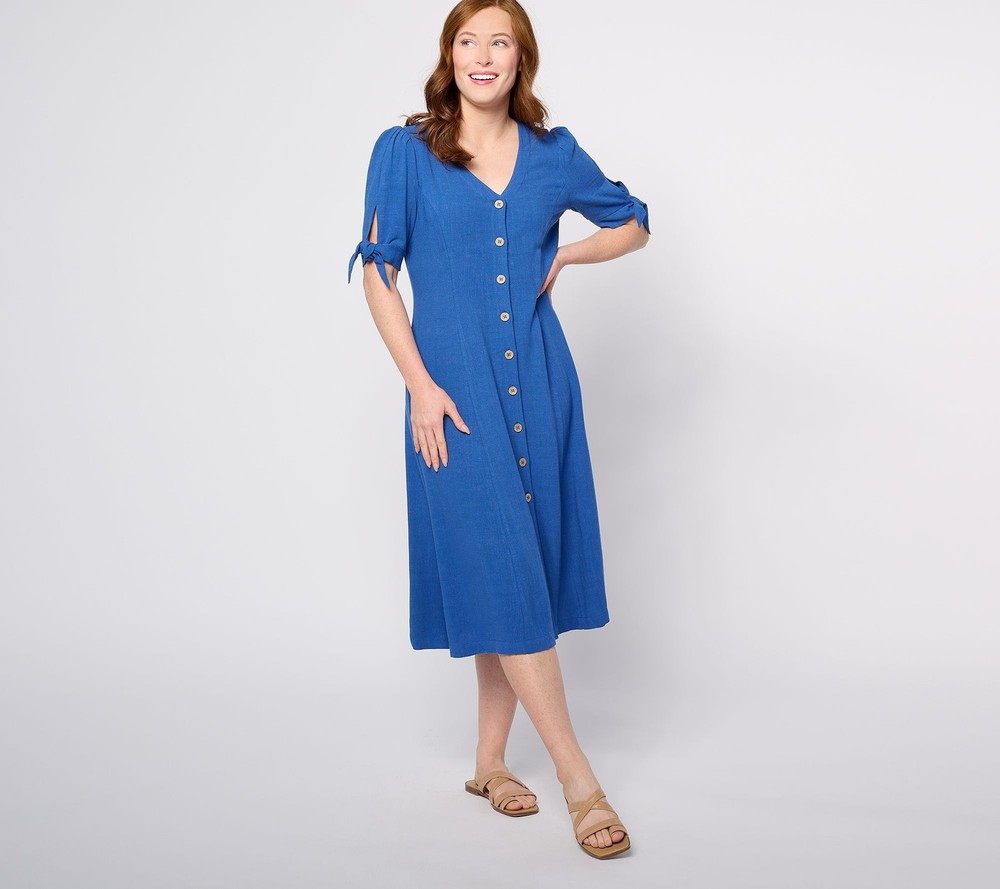 Susan Graver Women's Dress Sz L PURE Linen Blend Tie Sleeve Midi Blue A644522