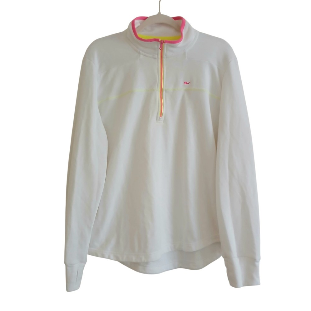 Vineyard Vines White Neon Trim Shep Shirt Women’s XL Quarter Zip Thumb Holes