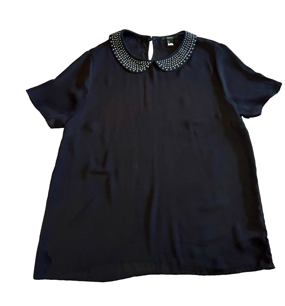 Forever 21 Black Beaded Peter Pan Collar Blouse Short Sleeve Sz L