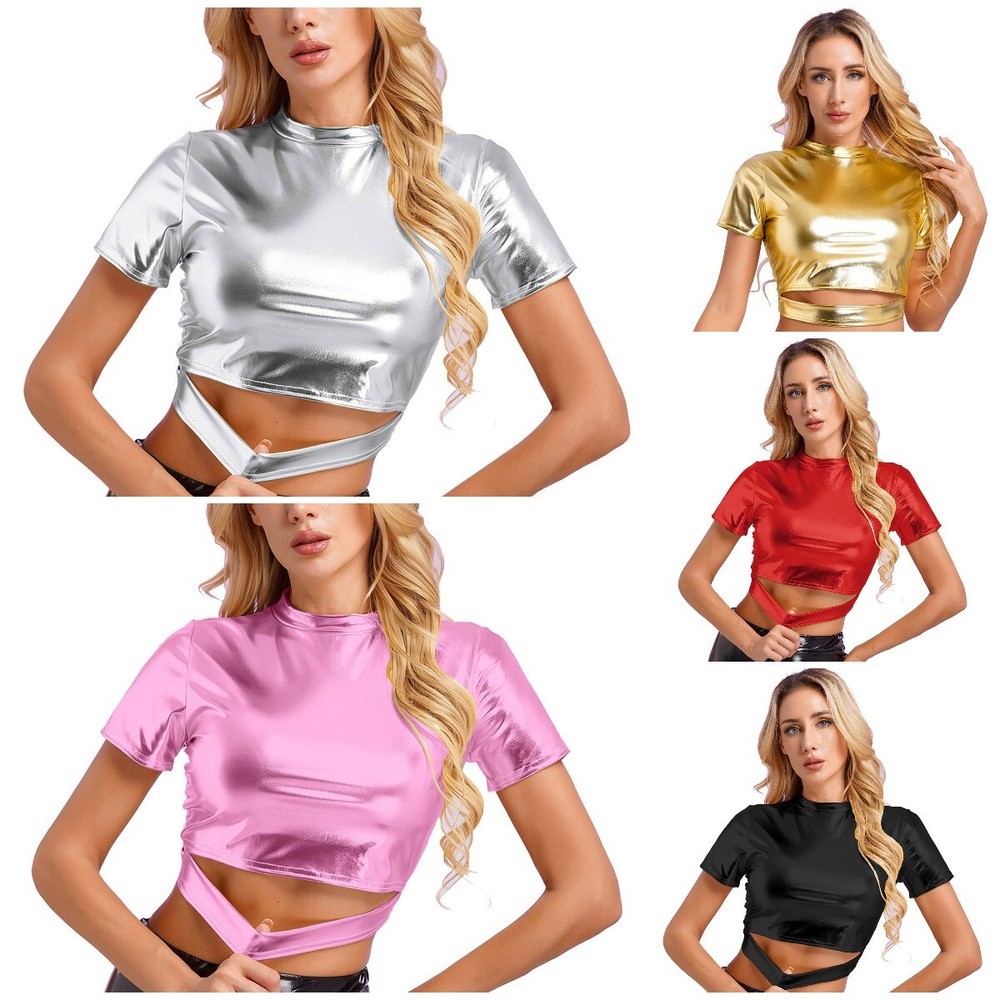 US Womens Crop Top Dance T-shirt Short Sleeve Tank Rave Blouse Carnival Shiny