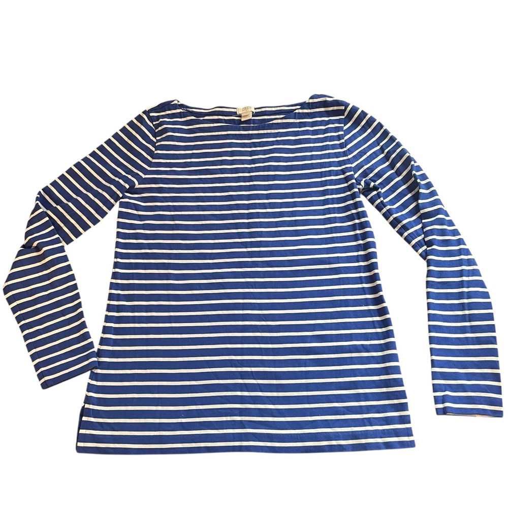 J Crew Blue White Striped Boat Neck Long Sleeve Cotton Tshirt