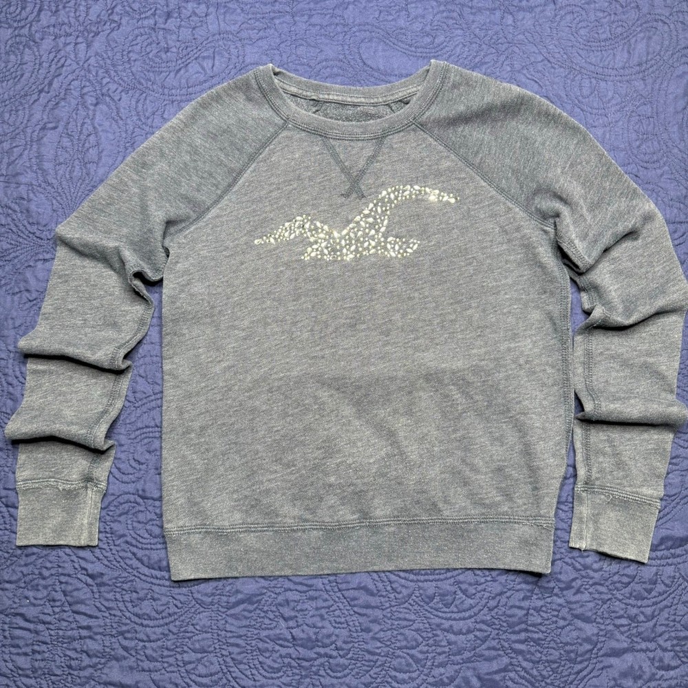 Y2K Hollister California Gray Crewneck Sweatshirt Embellished Logo Women's XS