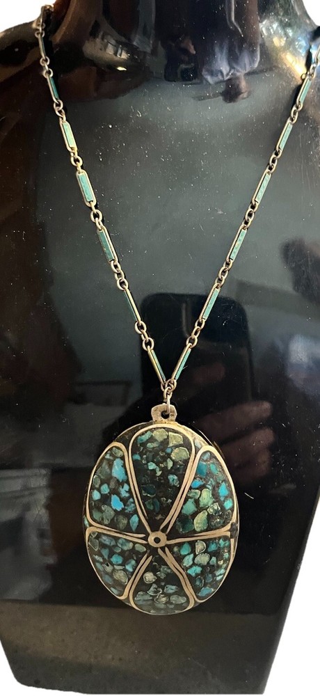 Antique Kashmir Green Blue Chip Turquoise Inlaid Necklace  