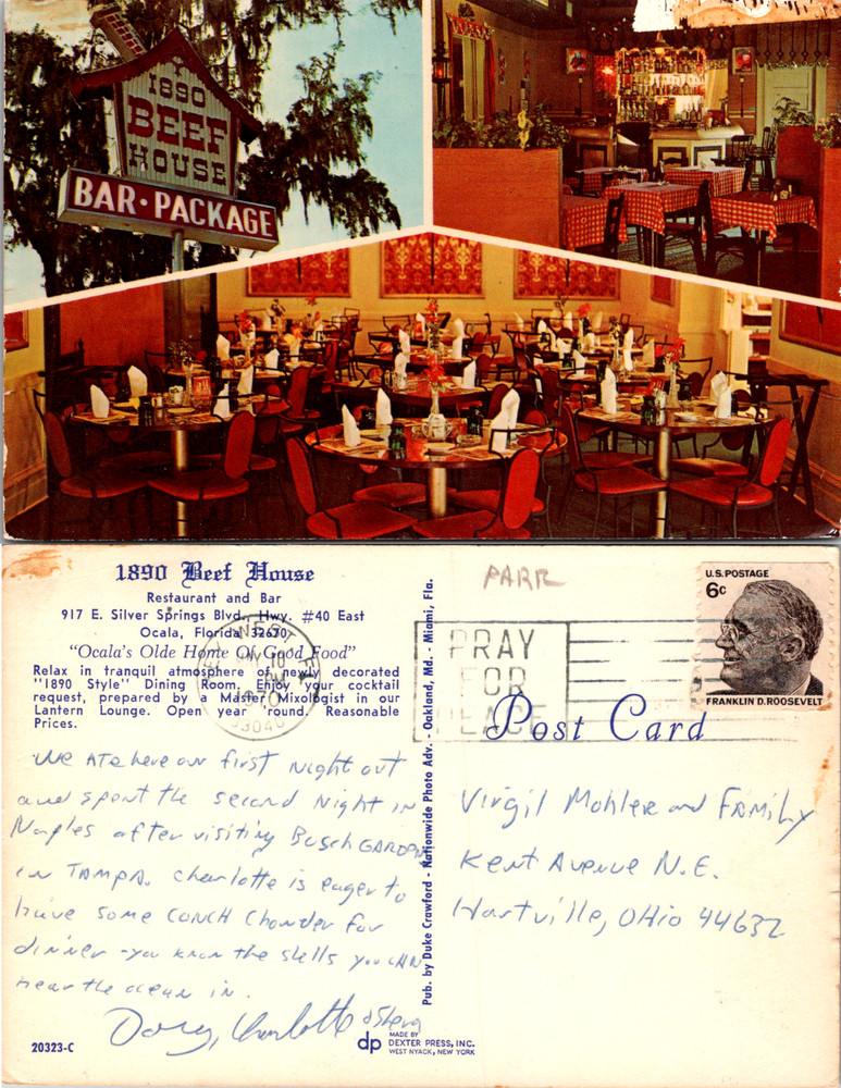 Vintage Postcard 1890 Beef House Restaurant Bar Ocala Florida FL Interior View