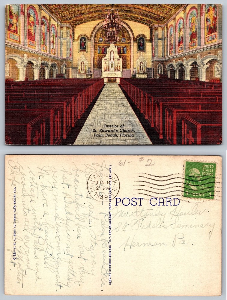 St. Edward's Church Palm Beach Florida Interior Linen Postcard 1949 Posted