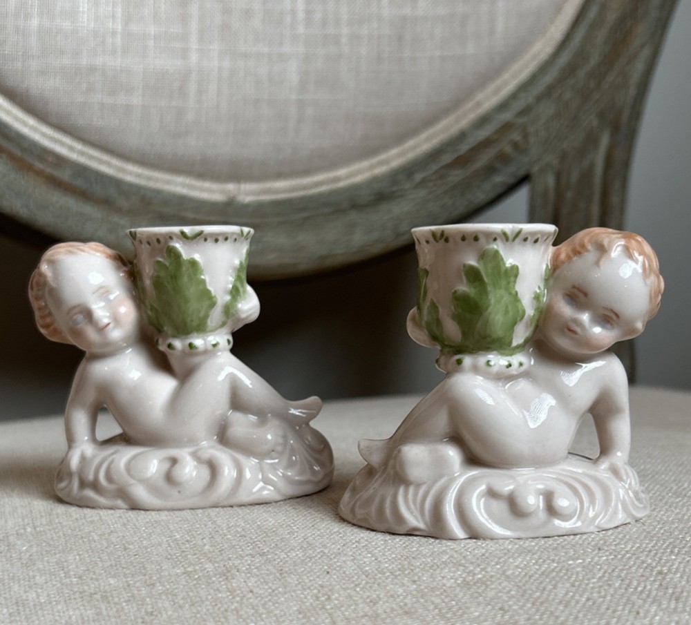 VTG Ceramic Angel/Cherub Petite Taper Candle Holders Pair Hand Painted Signed
