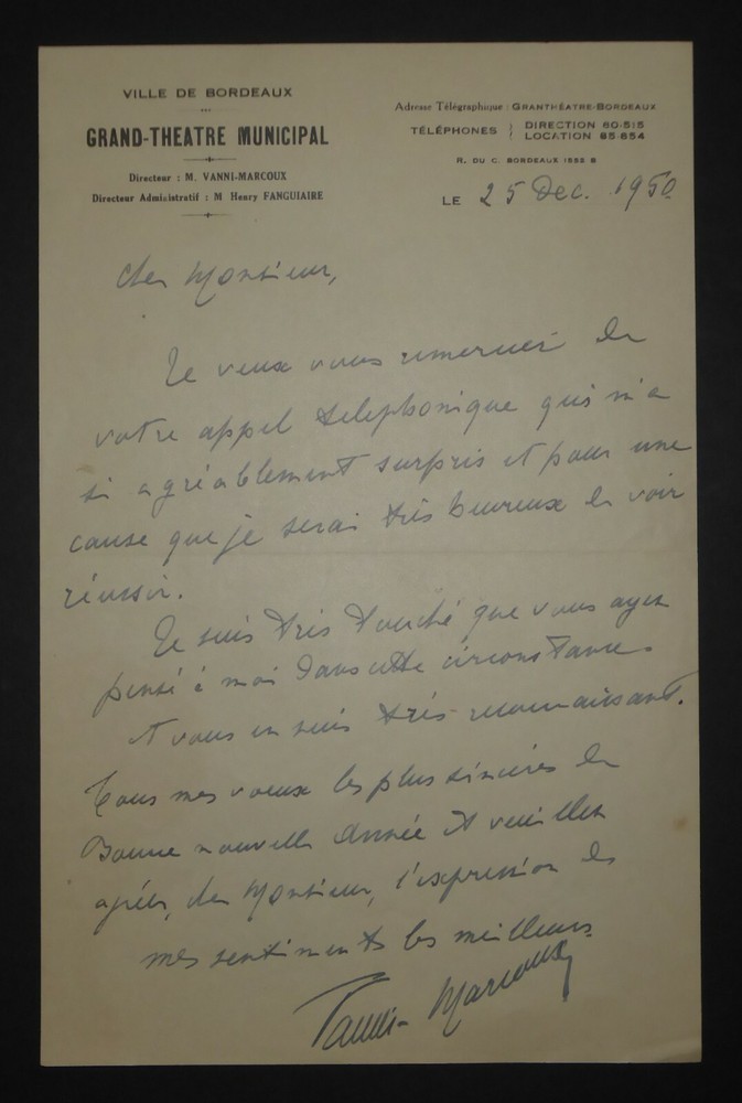 VANNY MARCOUX Giovanni SIGNED AUTOGRAPH LETTER, GRAND THÉÂTRE BORDEAUX 1950