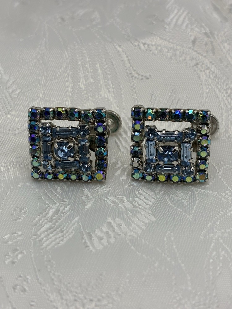 Weiss Vintage Square Halo Rhinestone, Aurora Borealis Crystal ScrewBack Earrings