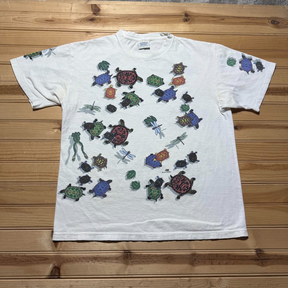 Vintage 90s Turtle Frog Dragonfly All Over Print Dan Gilbert Graphic Shirt Large