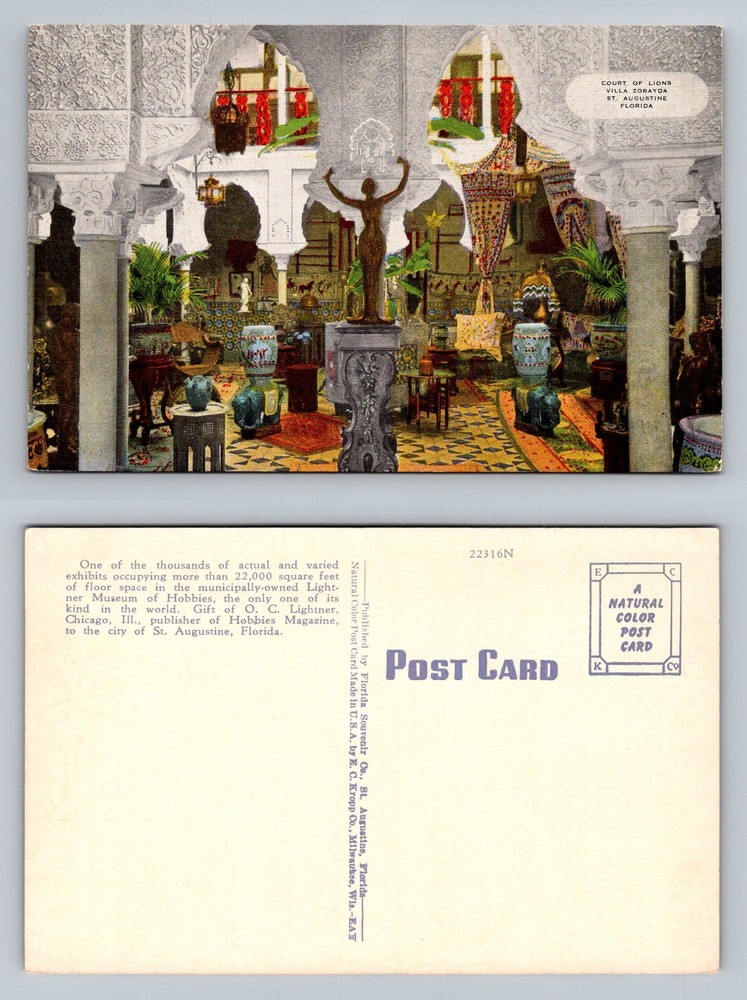 St. Augustine, FL-Florida, Court Of Lions Villa Zorayda Statue Vintage Postcard