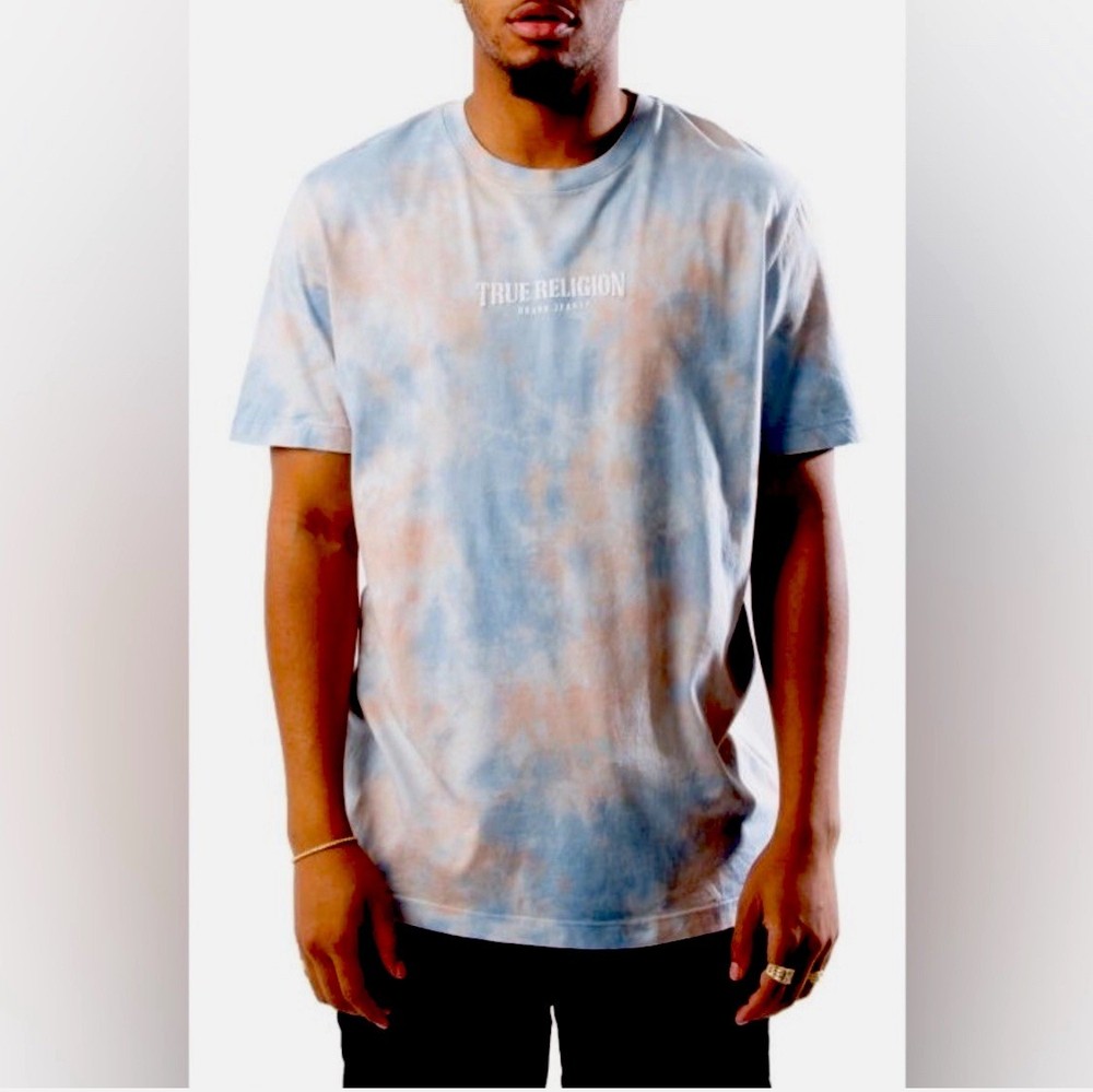 True Religion Tie Dye Logo Crew Neck Short Sleeve T-Shirt Blue Pink Men's Size M